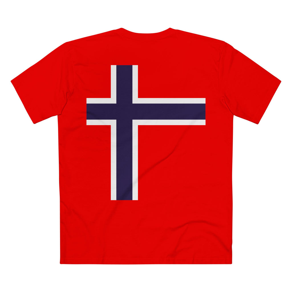 Norwegian Flag Graphic Tee — Red Crewneck Shirt with Navy Cross Back & Chest Emblem
