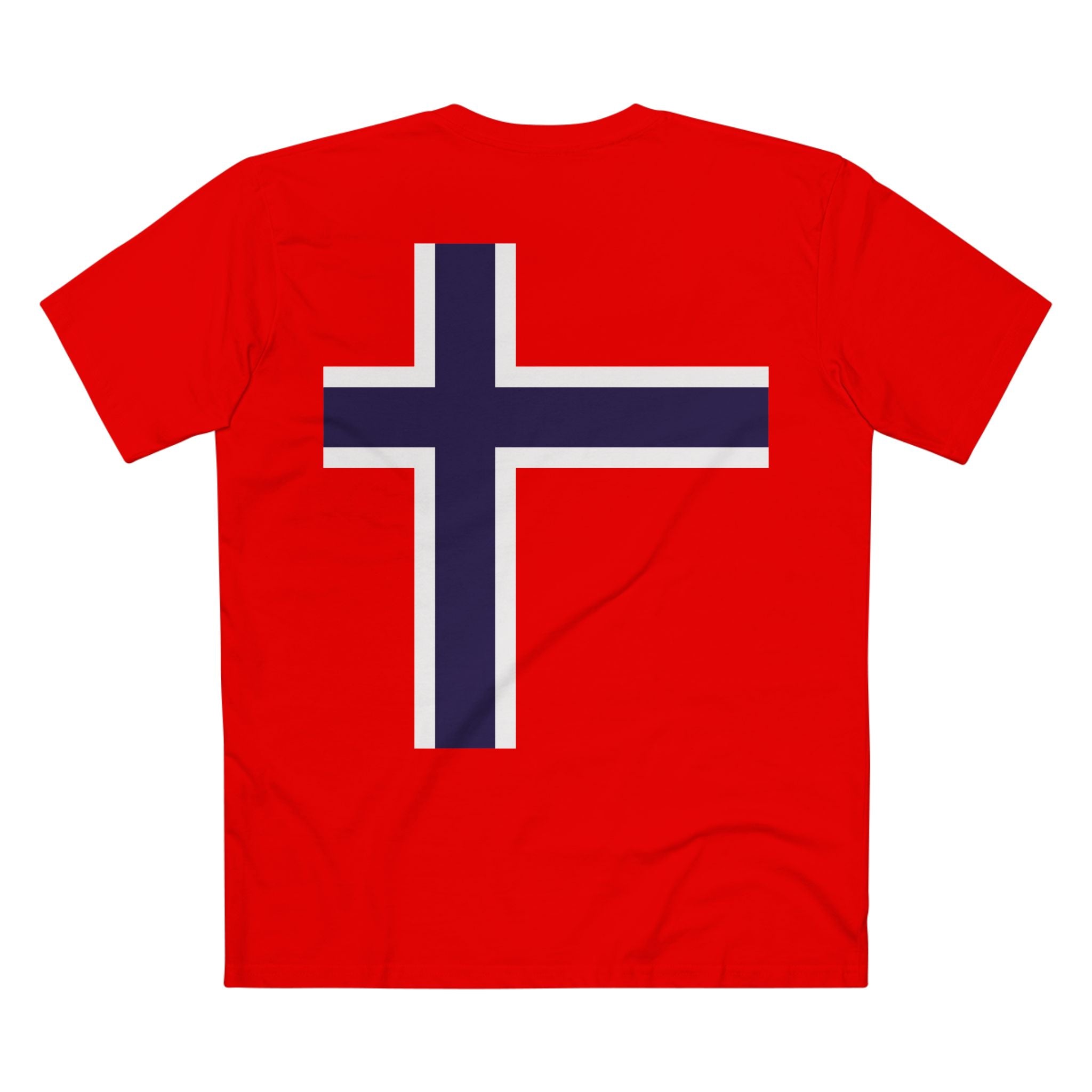 Norwegian Flag Graphic Tee — Red Crewneck Shirt with Navy Cross Back & Chest Emblem