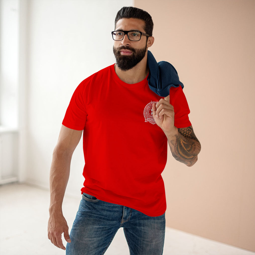 Norwegian Flag Graphic Tee — Red Crewneck Shirt with Navy Cross Back & Chest Emblem
