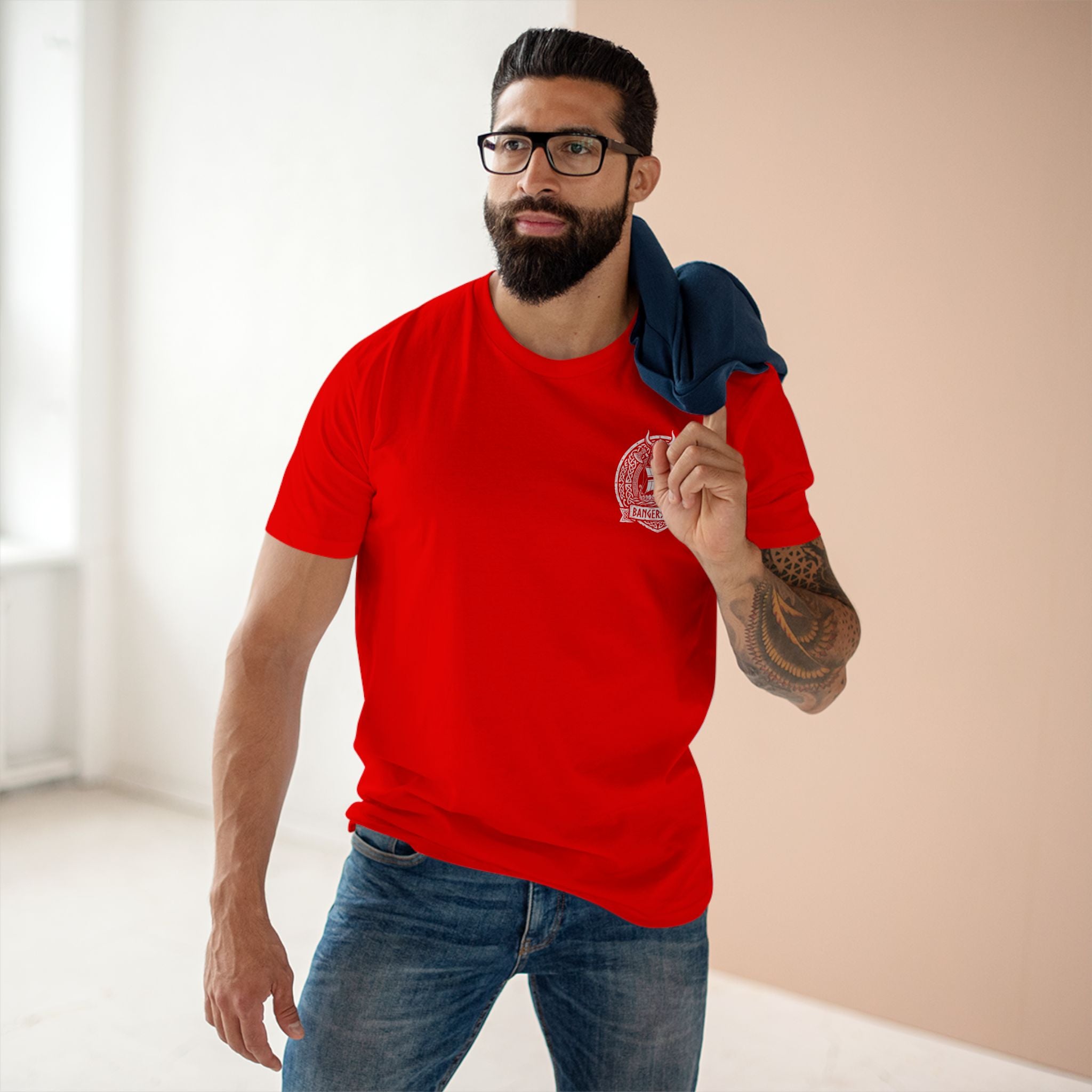 Norwegian Flag Graphic Tee — Red Crewneck Shirt with Navy Cross Back & Chest Emblem