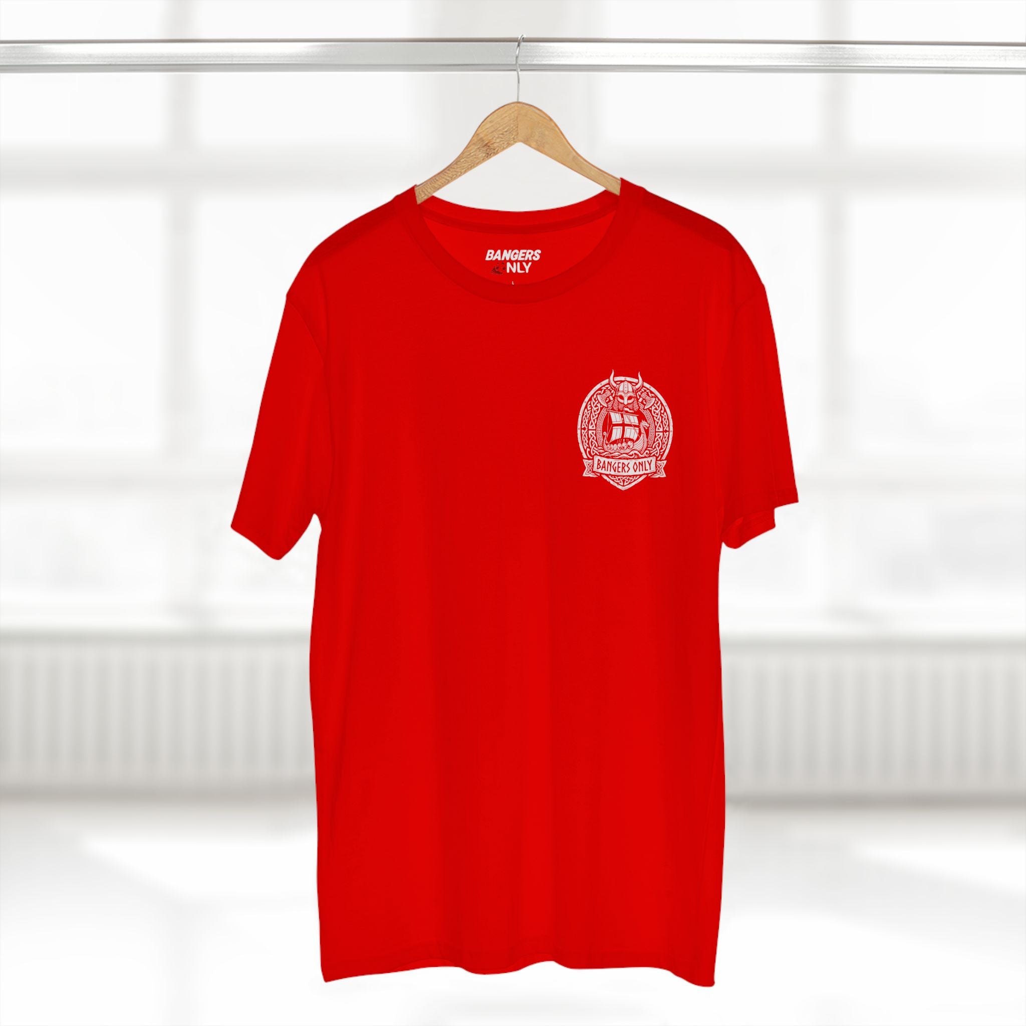 Norwegian Flag Graphic Tee — Red Crewneck Shirt with Navy Cross Back & Chest Emblem