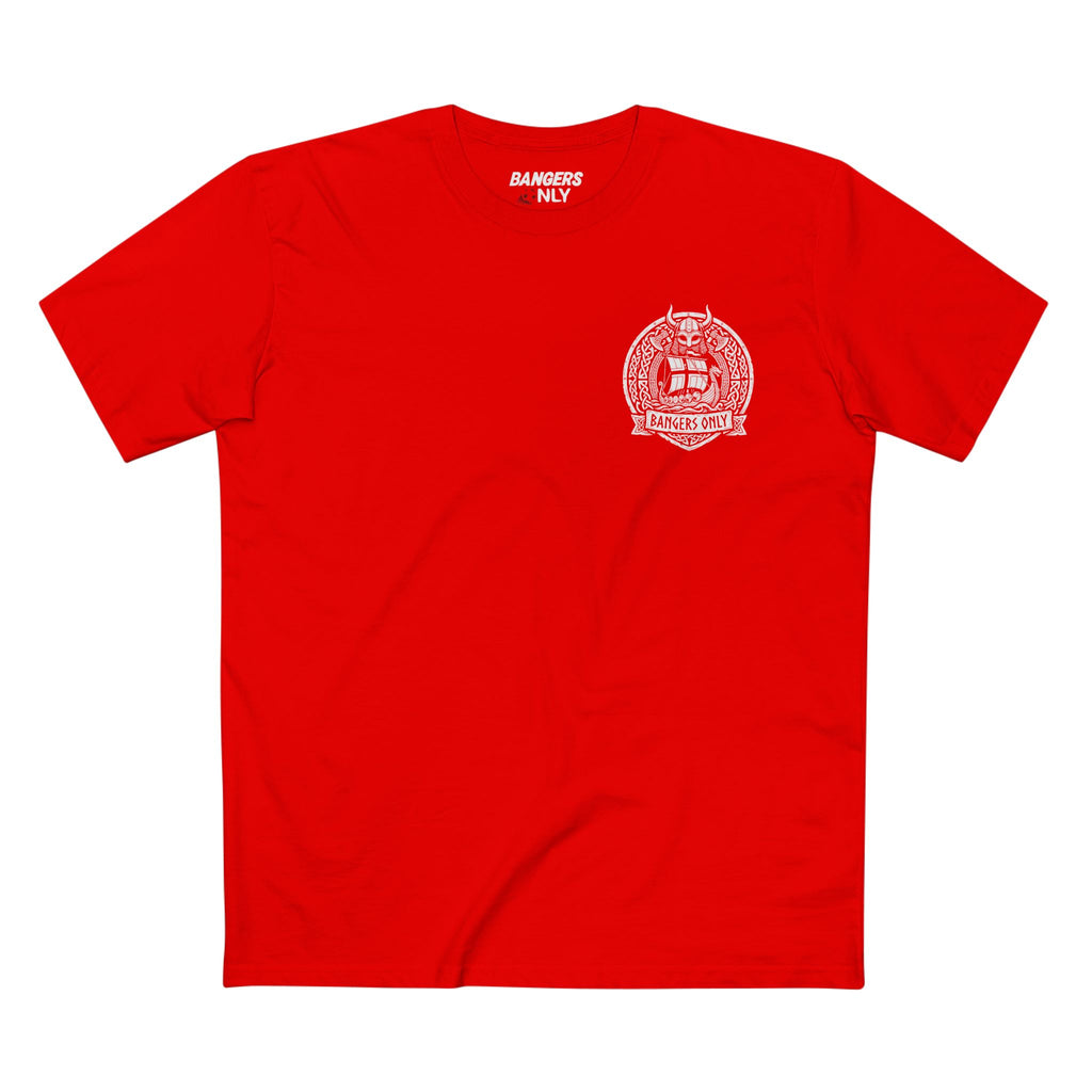 Norwegian Flag Graphic Tee — Red Crewneck Shirt with Navy Cross Back & Chest Emblem