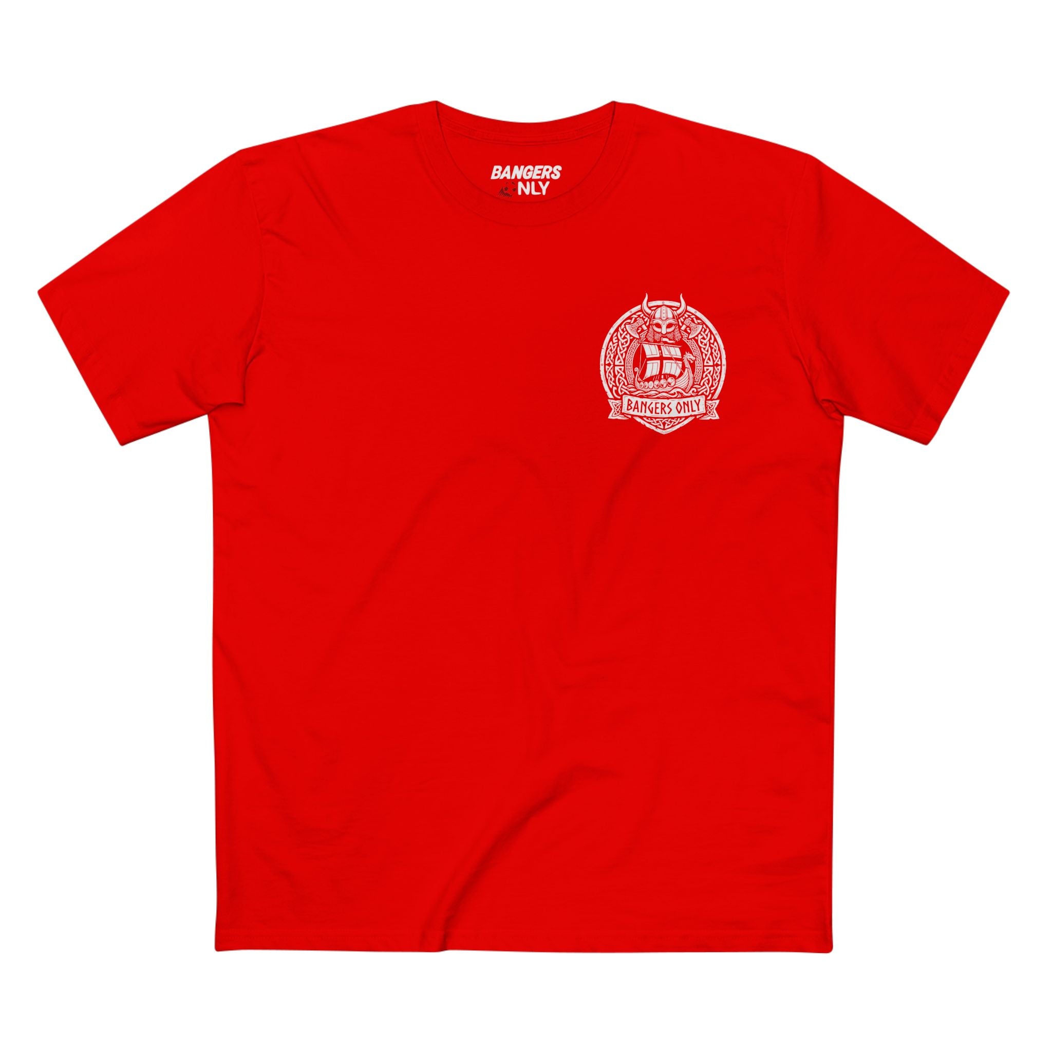 Norwegian Flag Graphic Tee — Red Crewneck Shirt with Navy Cross Back & Chest Emblem